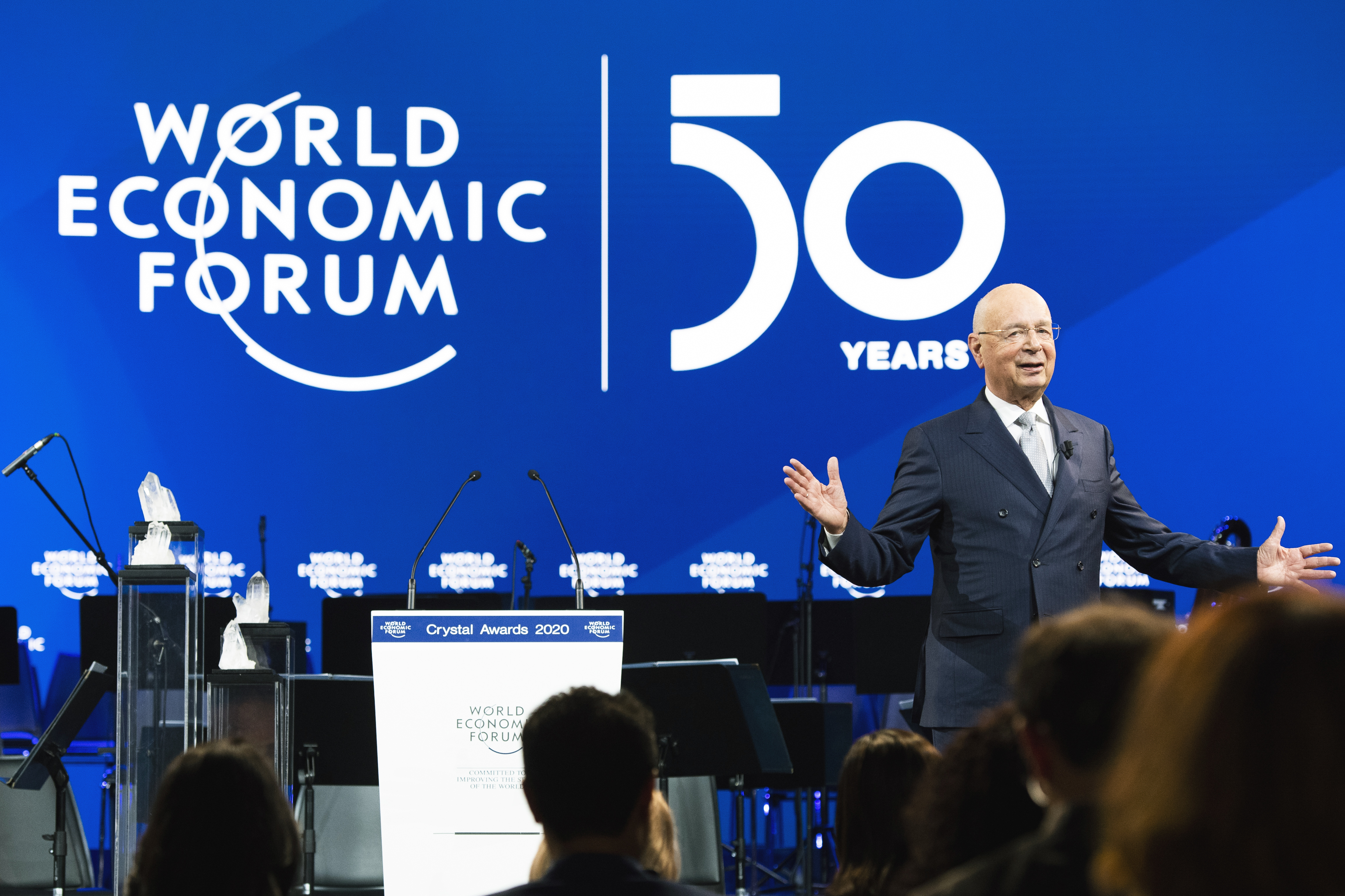 Founder and Executive Chairman of the World Economic Forum Klaus Schwab delivers a welcoming address, prior to the start of the 50th annual meeting of the World Economic Forum, in Davos, Switzerland, Monday, Jan. 20, 2020. The meeting will run from Jan. 21 to 24. (Gian Ehrenzeller/Keystone via AP)