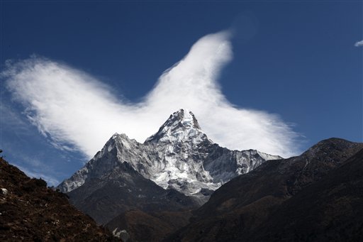 In this March 9, 2016 photo, Mount Ama Dablam (6856 meters) is seen from Pangboche, in the Khumbu region of Nepal. (AP Photo/Tashi Sherpa)