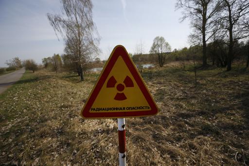 FILE - In this Monday, April 11, 2016, file photo, a radiation warning sign stands near a checkpoint in an exclusion zone around the Chernobyl nuclear reactor, southeast of Minsk, Belarus. A Belarus court on Thursday Dec. 22, 2016 ruled against an Associated Press correspondent in a lawsuit by a dairy company that claimed an AP article about farming on fallout-damaged land hurt its reputation. (AP Photo/Sergei Grits, File)