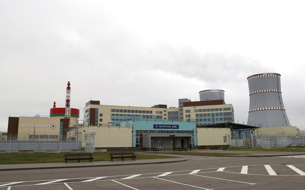 General view of the first Belarusian Nuclear Power Plant during the plant's power launch event outside the city of Astravets, Belarus, Saturday, Nov. 7, 2020. Alexander Lukashenko on Saturday formally opened the country's first nuclear power plant, a project sharply criticized by neighboring Lithuania. Lukashenko said the launch of the Russian-built and -financed Astravyets plant 