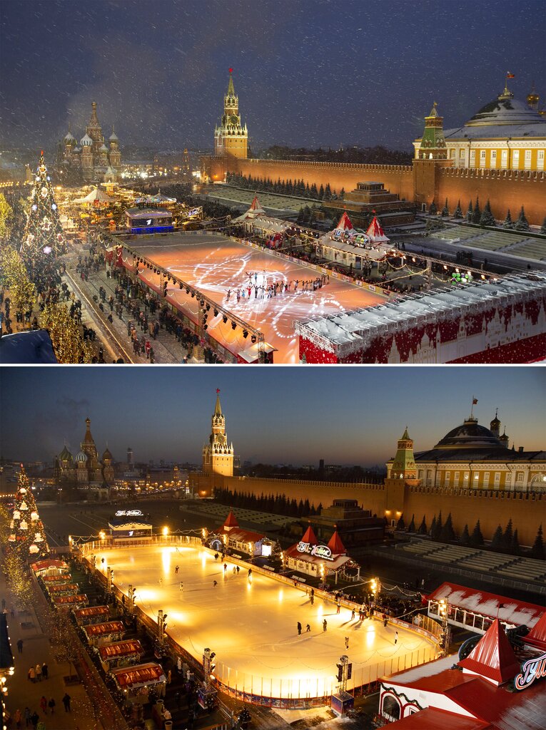 This combination image shows at top a file photo dated Saturday, Dec. 22, 2018, the ice rink in Red Square decorated for Christmas and New Year celebrations at the GUM State Department store with the Spasskaya Tower, center, the St. Basil's Cathedral, left, and the Kremlin Wall, right, in Moscow, Russia, and the same the ice rink in Red Square on Thursday, Dec. 10, 2020, below. Many of Christmas markets were canceled or diminished in Moscow, the capital of Russia, because of the coronavirus pandemic this year. (AP Photo/Alexander Zemlianichenko)