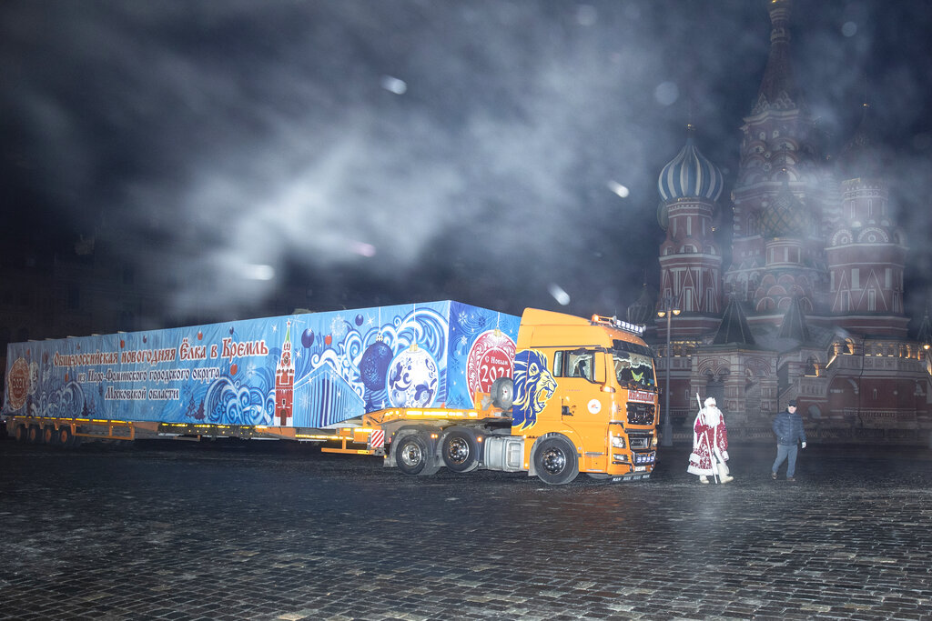 Ded Moroz (Father Frost) walks past a truck carrying Russia's Main Christmas Tree in Red square, with the St. Basil's Cathedral, right in the background, in Moscow, Russia, Friday, Dec. 11, 2020. A 96 year old 25 meter fit tree with a diameter of 60 centimeters was cut down near the village of Cheblokovo, about 100 km west of Moscow, and will be installed on the the Kremlin's Cathedral Square. (AP Photo/Pavel Golovkin)