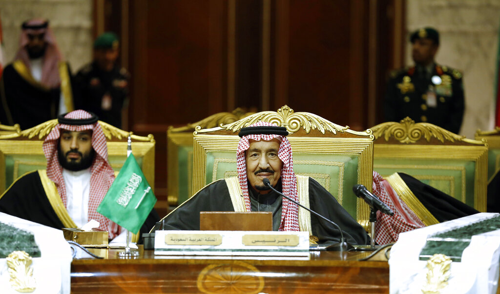 Saudi King Salman chairs the 40th Gulf Cooperation Council Summit in Riyadh, Saudi Arabia, Tuesday, Dec. 10, 2019. Crown Prince Mohammed bin Salman seen at left. (AP Photo/Amr Nabil)