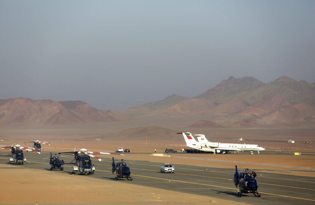 Airplanes of Arab states are seen at Al Ula airport, Saudi Arabia, where leaders of the Gulf Cooperation Council (GCC) will meet for a summit Tuesday, Jan. 5, 2021. Kuwait's foreign ministry announced that Saudi Arabia will lift a years-long embargo on Qatar, opening its air and land borders in the first steps toward ending the Gulf crisis. (AP Photo/Amr Nabil)