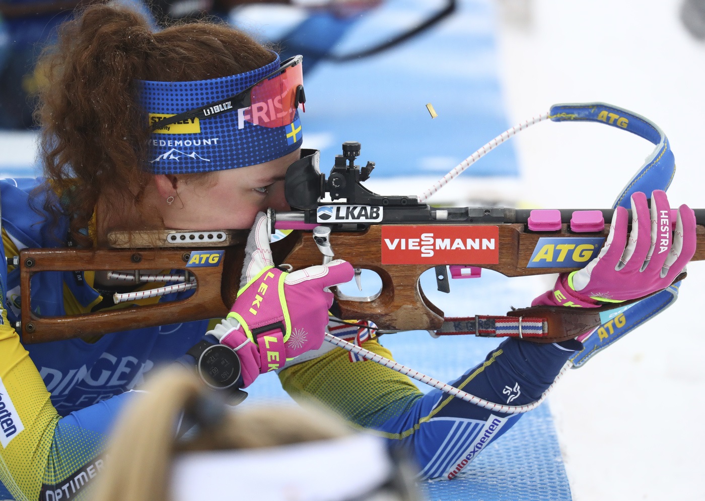 Sweden's Hanna Oeberg shoots during the women's 7.5 km sprint race at the Biathlon World Cup in Oberhof, Germany, Friday, Jan. 8, 2021. (AP Photo/Matthias Schrader)