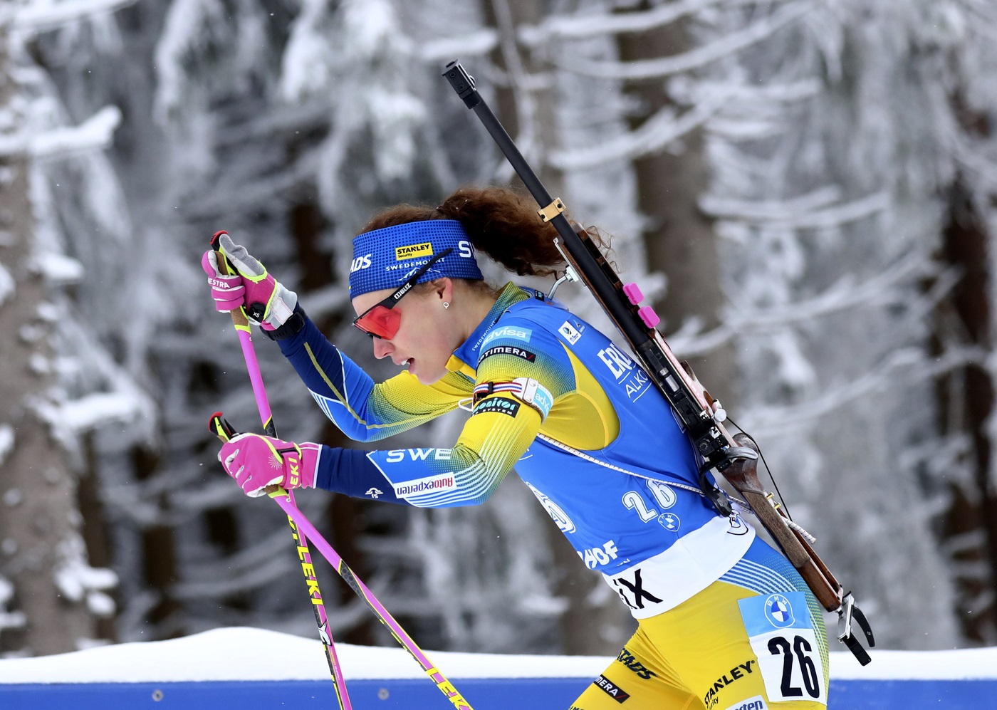 Sweden's Hanna Oeberg runs during the women's 7.5 km sprint race at the Biathlon World Cup in Oberhof, Germany, Friday, Jan. 8, 2021. (AP Photo/Matthias Schrader)