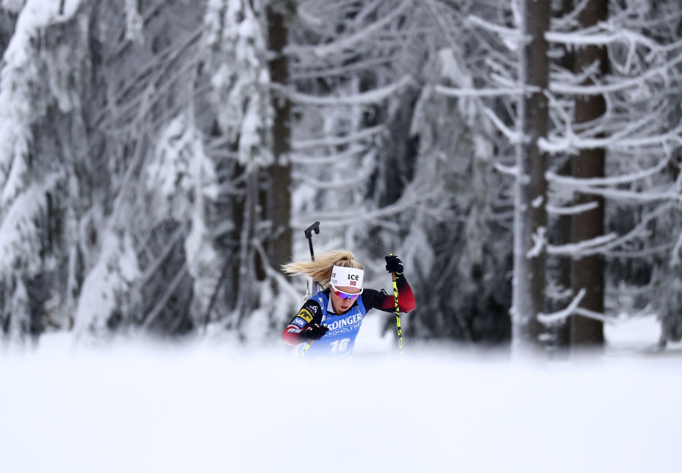 Norway's Tiril Eckhoff runs during the women's 7.5 km sprint race at the Biathlon World Cup in Oberhof, Germany, Friday, Jan. 8, 2021. (AP Photo/Matthias Schrader)