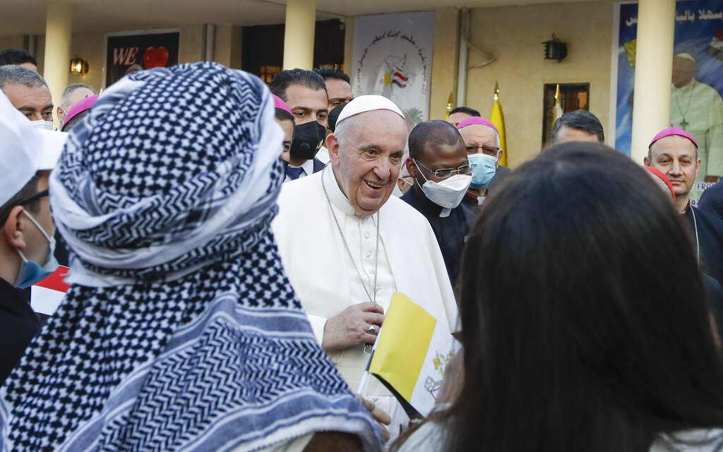 Pope Francis at the Chaldean Cathedral of Saint Joseph, in Baghdad, Iraq, Saturday, March 6, 2021. Earlier today Francis met privately with the country's revered Shiite leader, Grand Ayatollah Ali al-Sistani.(AP Photo/Andrew Medichini)