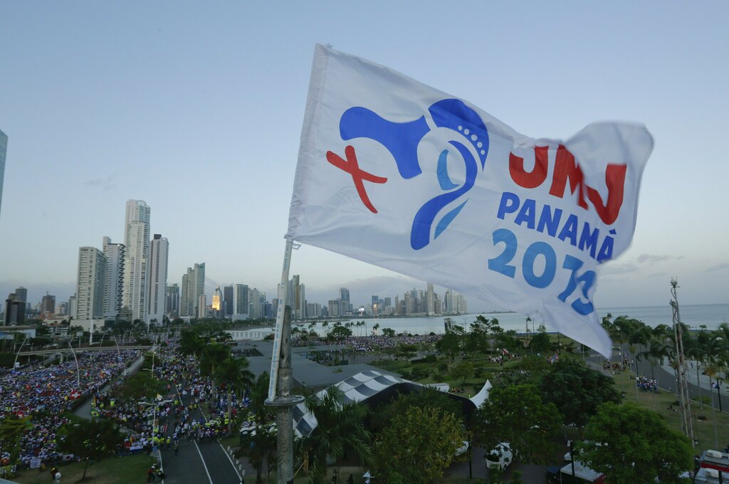 Pilgrims attend the opening ceremony and mass of World Youth Day Panama 2019, in Panama City, Tuesday, Jan. 22, 2019. Pope Francis will visit Panama on Jan. 23-27.(AP Photo/Arnulfo Franco)