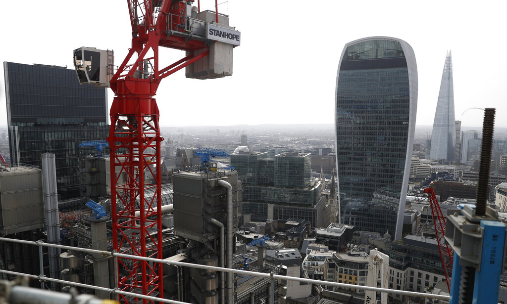 A view from the top of the north central column of the 8 Bishopsgate development in London, Thursday, April 1, 2021. When the pandemic struck, about 540,000 workers vanished from London's financial hub almost overnight. Developers of 8 Bishopsgate, are confident that when construction ends late next year, workers and firms will return to fill all 50 floors of the gleaming new office space. (AP Photo/Alastair Grant)