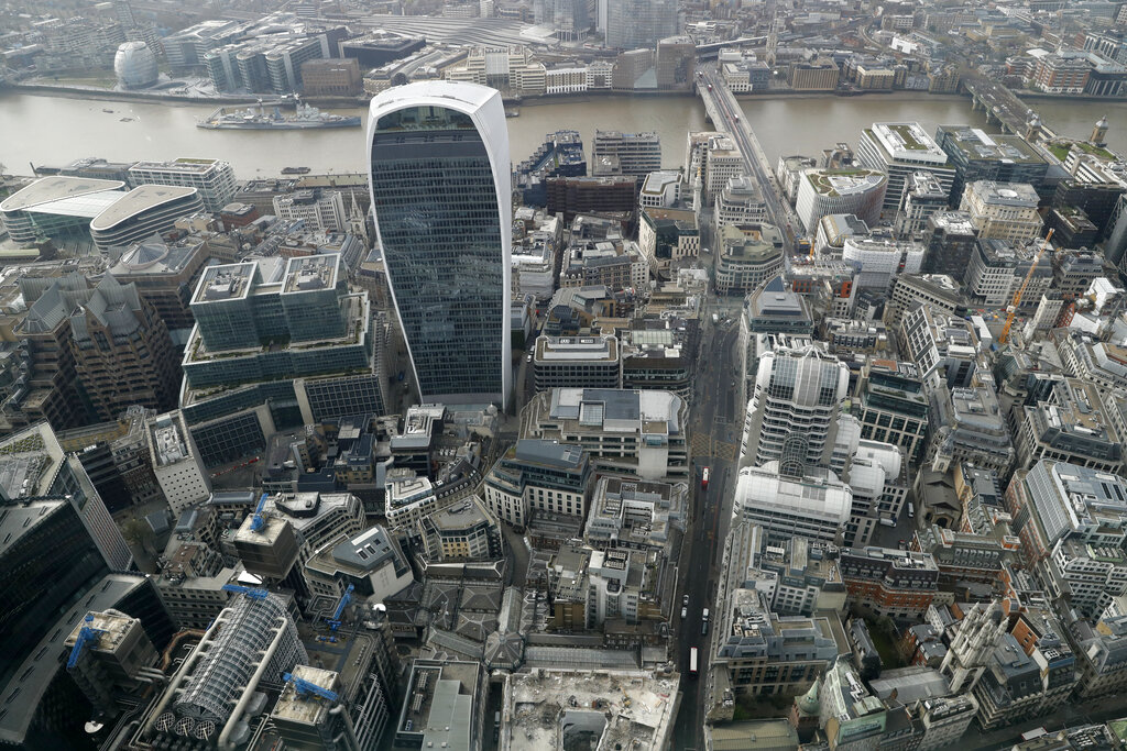 A view over the City of London taken from the 59th floor of 22 Bishopsgate in London, Thursday, April 1, 2021. When the pandemic struck, about 540,000 workers vanished from London's financial hub almost overnight. The area known as 