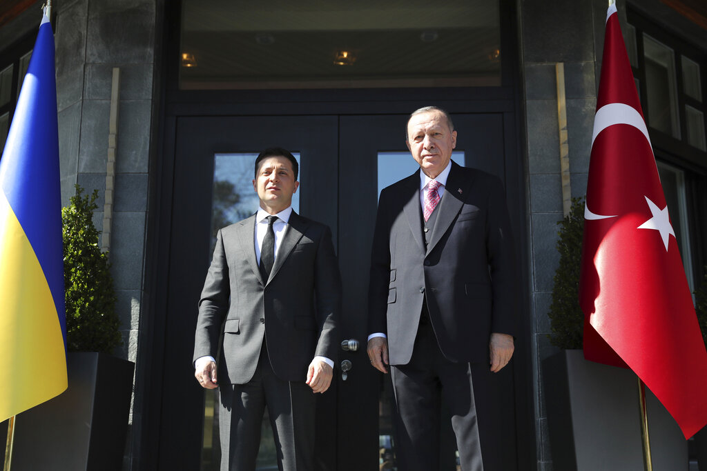 Turkey's President Recep Tayyip Erdogan, right, pose for photographs with Ukrainian President Volodymyr Zelenskyy, prior to their meeting in Istanbul, Saturday, April 10, 2021. Zelenskyy's visit to Turkey comes amid renewed tensions in eastern Ukraine, where Ukrainian forces and Russia-backed separatists have been fighting since 2014. (Turkish Presidency Pool via AP,)