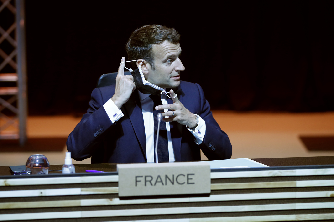 French President Emmanuel Macron during an EU summit round table meeting at the Crystal Palace in Porto, Portugal, Saturday, May 8, 2021. On Saturday, EU leaders hold an online summit with India's Prime Minister Narendra Modi, covering trade, climate change and help with India's COVID-19 surge. (AP Photo/Francisco Seco, Pool)