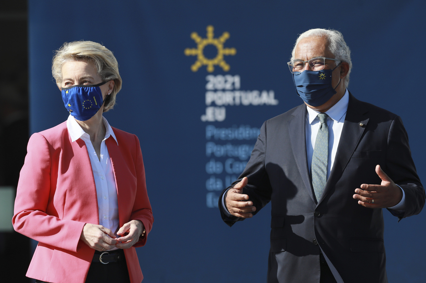 European Commission President Ursula von der Leyen, left, is greeted by Portugal's Prime Minister Antonio Costa during arrival for an EU summit at the Crystal Palace in Porto, Portugal, Saturday, May 8, 2021. On Saturday, EU leaders hold an online summit with India's Prime Minister Narendra Modi, covering trade, climate change and help with India's COVID-19 surge. (Estele Silva, Pool via AP)
