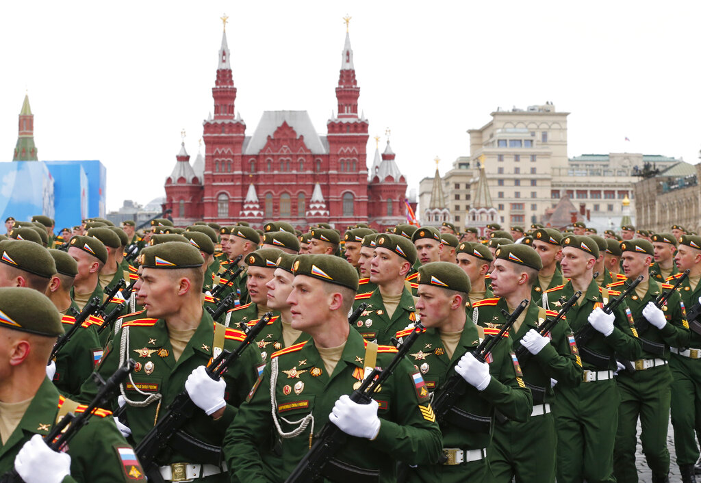 Russian military cadets march toward Red Square during the Victory Day military parade in Moscow, Russia, Sunday, May 9, 2021, marking the 76th anniversary of the end of World War II in Europe. (AP Photo/Alexander Zemlianichenko)