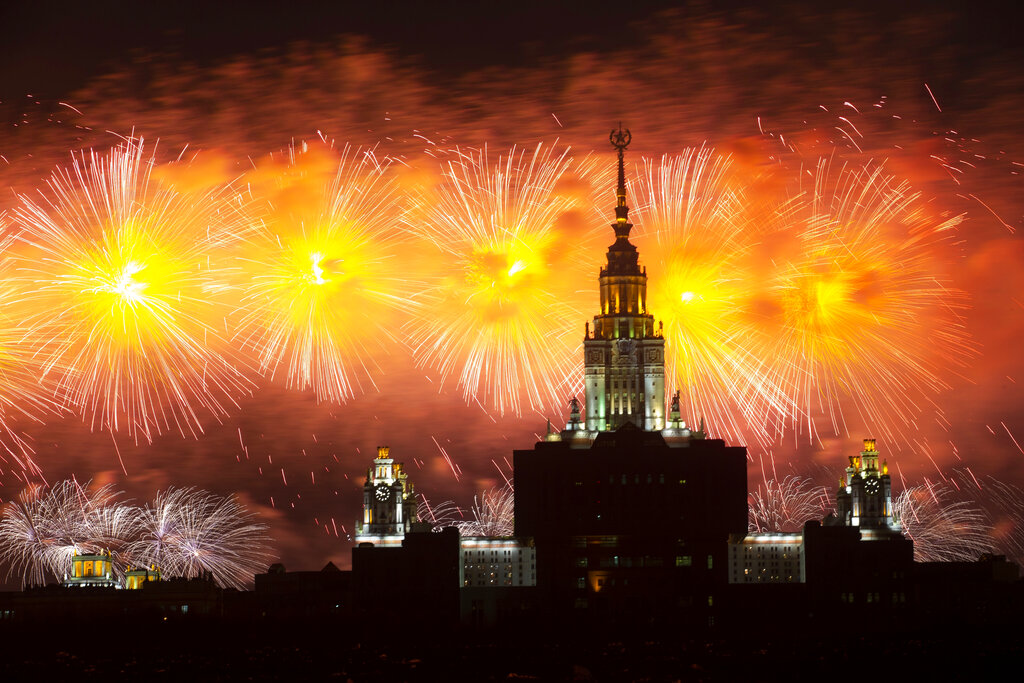 Fireworks explode over the Moscow's University during the celebration of the Victory Day in Moscow, Russia, Sunday, May 9, 2021, marking the 76th anniversary of the end of World War II in Europe. (AP Photo/Alexander Zemlianichenko Jr.)