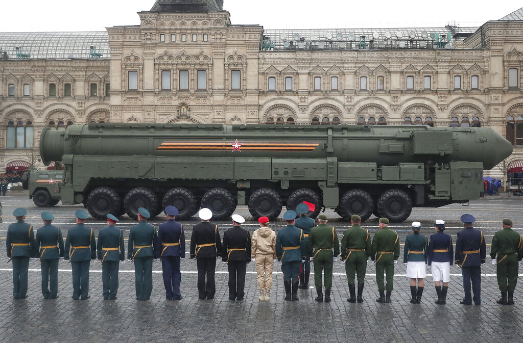 Russian RS-24 Yars ballistic missile rolls in Red Square during the Victory Day military parade in Moscow, Russia, Sunday, May 9, 2021, marking the 76th anniversary of the end of World War II in Europe. (AP Photo)