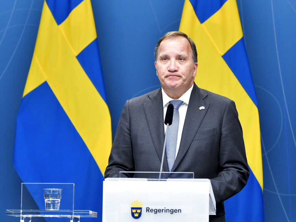 Sweden's Prime Minister Stefan Lofven during a media conference after the no-confidence voting in the Swedish Parliment, Stockholm, Monday June 21, 2021.  Stefan Lofven, Sweden’s Social Democratic prime minister since 2014, lost a confidence vote in parliament Monday. (Anders Wiklund / TT via AP)