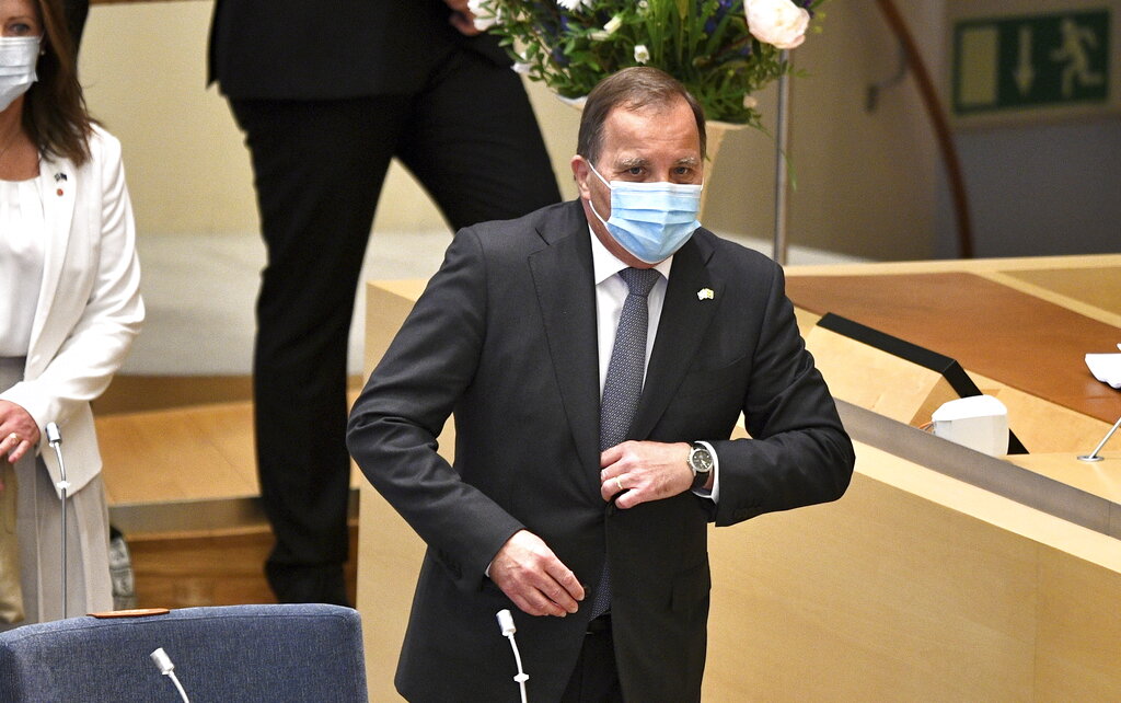 Sweden's Prime Minister Stefan Lofven before a confidence vote in the Swedish Parliament in Stockholm, Sweden, Monday June 21, 2021. Sweden's Prime Minister Stefan Lofven faces a no-confidence vote in the Riksdag parliament, after the Left Party said this week that it had lost confidence in Lofven and his center-left minority government. (Anders Wiklund / TT via AP)
