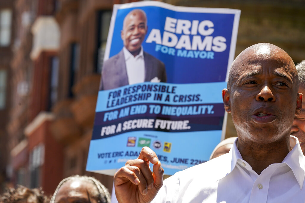 Democratic mayoral candidate Eric Adams speaks during a campaign event, Thursday, June 17, 2021, in the Harlem neighborhood of New York. (AP Photo/Mary Altaffer)