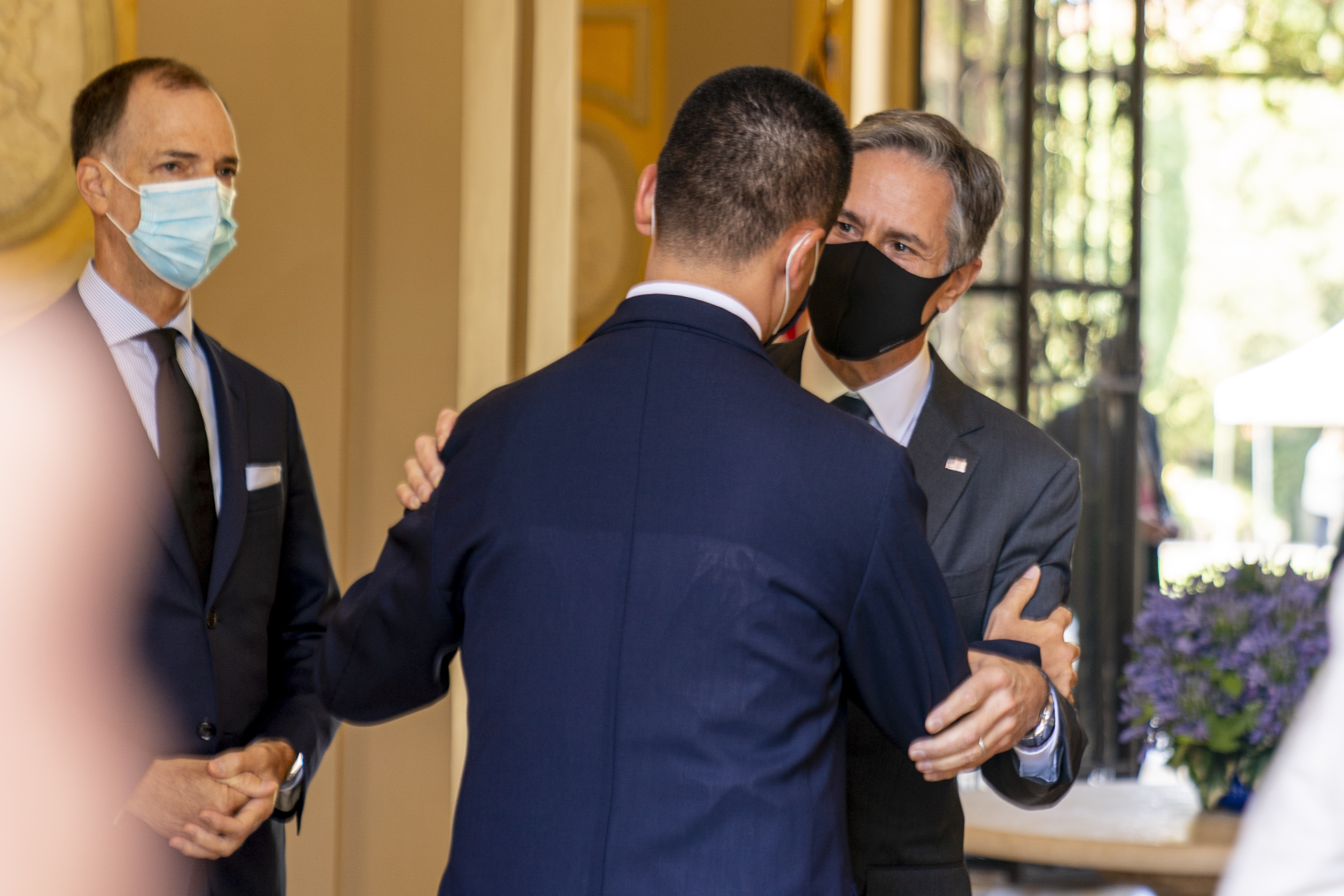 Secretary of State Antony Blinken meets with Italy's Foreign Minister Luigi Di Maio, center left, at Villa Taverna, The U.S. Ambassador's Residence in Rome, Sunday, June 27, 2021. Blinken is on a week long trip in Europe traveling to Germany, France and Italy. Also pictured is Chargé d'Affaires ad interim Thomas Smitham, left. (AP Photo/Andrew Harnik, Pool)