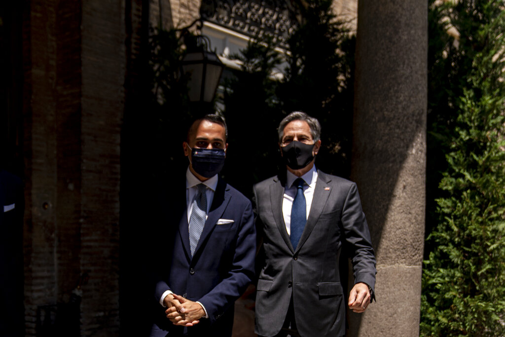 Secretary of State Antony Blinken meets with Italy's Foreign Minister Luigi Di Maio, left, at Villa Taverna, The U.S. Ambassador's Residence in Rome, Sunday, June 27, 2021. Blinken is on a week long trip in Europe traveling to Germany, France and Italy. (AP Photo/Andrew Harnik, Pool)