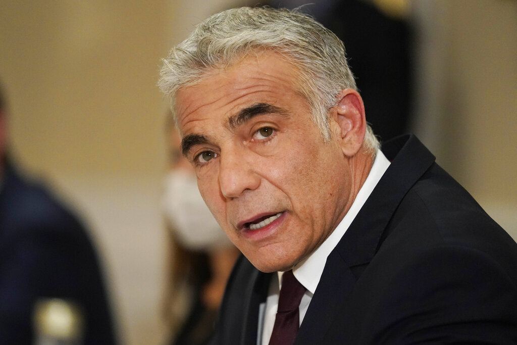 Israeli Foreign Minister Yair Lapid meets with Secretary of State Antony Blinken in Rome, Sunday, June 27, 2021. Blinken is on a week long trip in Europe traveling to Germany, France and Italy. (AP Photo/Andrew Harnik, Pool)