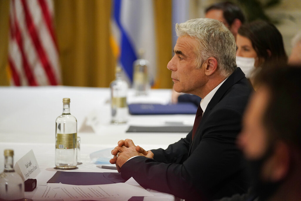 Israeli Foreign Minister Yair Lapid meets with Secretary of State Antony Blinken in Rome, Sunday, June 27, 2021. Blinken is on a week long trip in Europe traveling to Germany, France and Italy. (AP Photo/Andrew Harnik, Pool)
