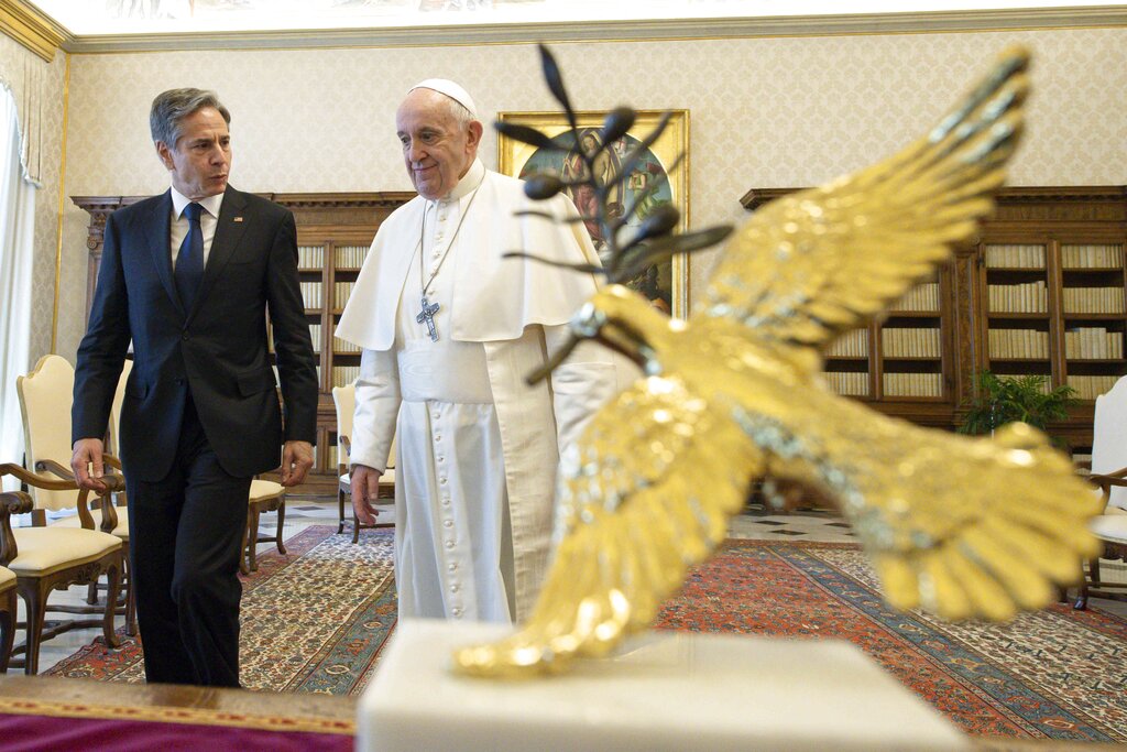 Pope Francis talks with Secretary of State Antony Blinken, as they meet at the Vatican, Monday, June 28, 2021. Blinken is on a week long trip in Europe traveling to Germany, France and Italy. (Vatican Media via AP Photo)