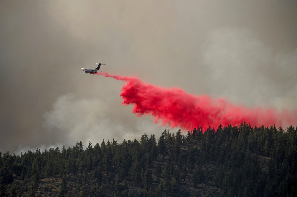 An air tanker drops retardant to keep the Sugar Fire, part of the Beckwourth Complex Fire, from reaching the Beckwourth community of unincorporated Plumas County, Calif., on Friday, July 9, 2021. (AP Photo/Noah Berger)
