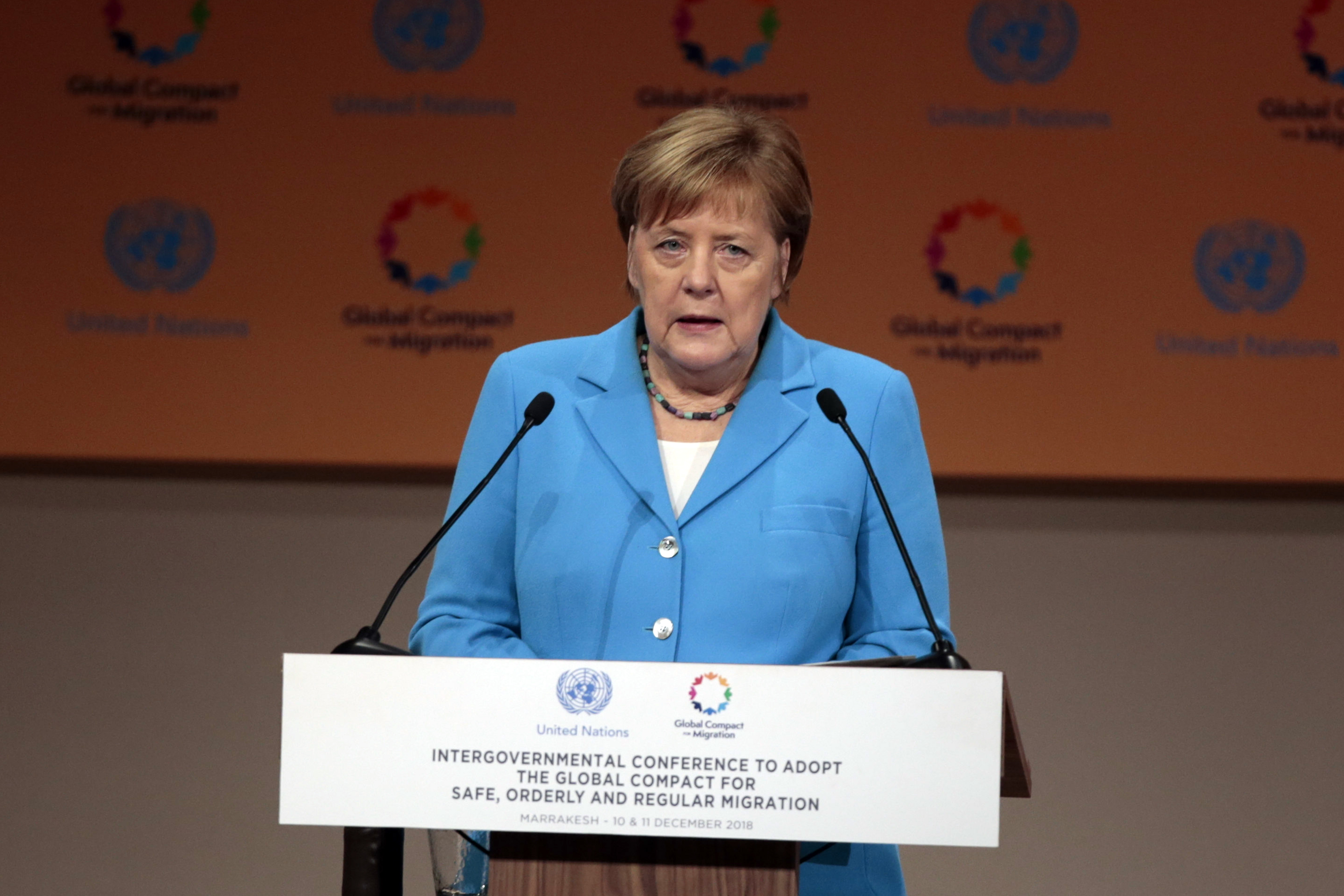 German Chancellor Angela Merkel addresses delegates during the opening session of a UN Migration Conference in Marrakech, Morocco, Monday, Dec.10, 2018. Top U.N. officials and government leaders from about 150 countries are uniting around an agreement on migration, while finding themselves on the defensive about the non-binding deal amid criticism and a walkout from the United States and some other countries. (AP Photo/Mosa'ab Elshamy)