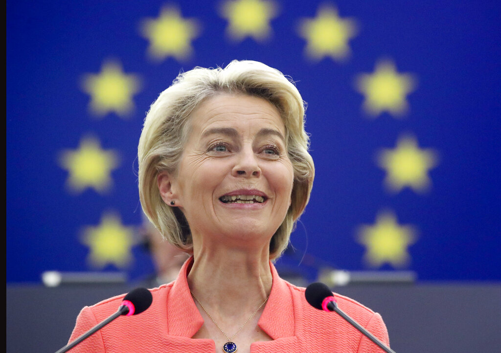 European Commission President Ursula von der Leyen delivers a State of the Union Address at the European Parliament in Strasbourg, France, Wednesday, Sept. 15, 2021. Stung by the swift collapse of the Afghan army and the chaotic U.S.-led evacuation through Kabul airport, the European Union on Wednesday unveiled new plans to develop its own defense capacities to try to ensure that it has more freedom to act in future crises. (Yves Herman, Pool via AP)