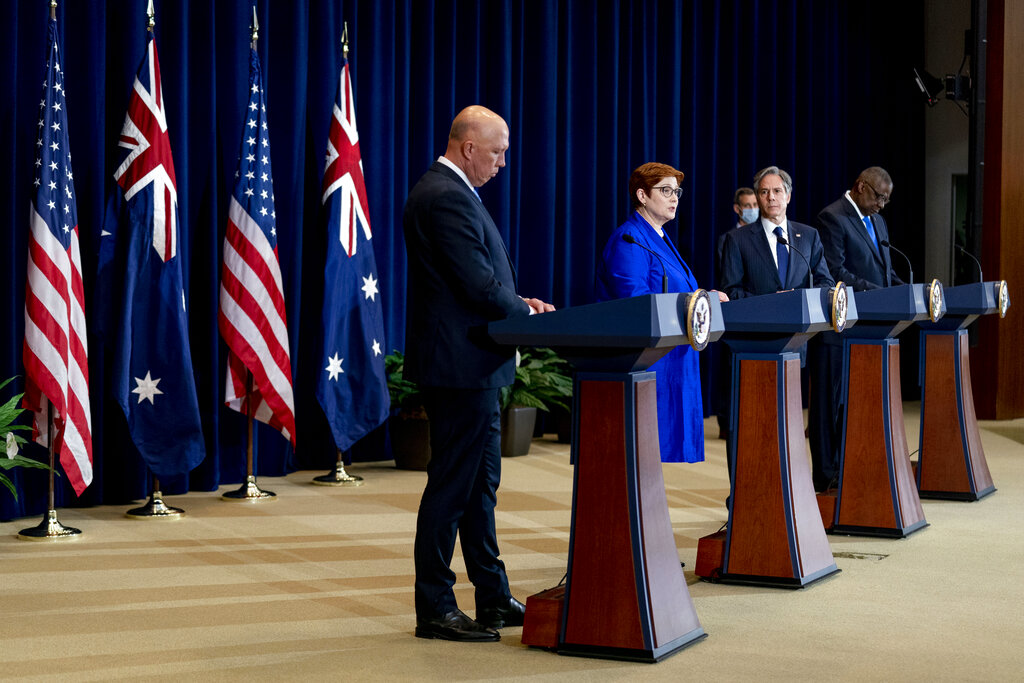 Australian Foreign Minister Marise Payne, second from left, accompanied by Australian Minister of Defense Peter Dutton, left, Secretary of State Antony Blinken, second from right, and Defense Secretary Lloyd Austin, right, speaks at a news conference at the State Department in Washington, Thursday, Sept. 16, 2021. (AP Photo/Andrew Harnik, Pool)