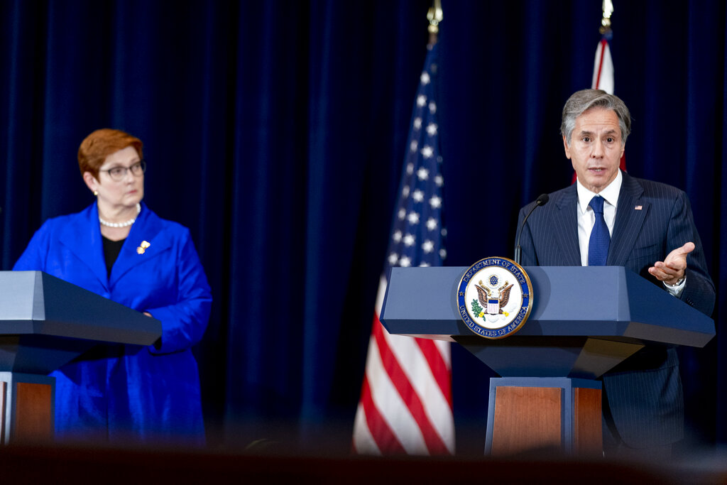 Secretary of State Antony Blinken, accompanied by Australian Foreign Minister Marise Payne, left, speaks at a news conference with Australian Minister of Defense Peter Dutton, and Defense Secretary Lloyd Austin at the State Department in Washington, Thursday, Sept. 16, 2021. (AP Photo/Andrew Harnik, Pool)