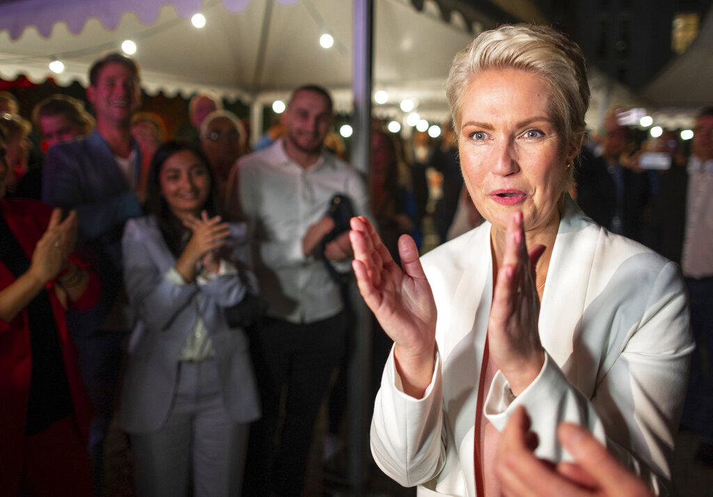 Manuela Schwesig (SPD), the Minister President of Mecklenburg-Western Pomerania and the SPD's top candidate for the state elections in Mecklenburg-Western Pomerania, reacts at the SPD election party in  Schwerin, Germany Sunday Sept. 26, 2021. (Jens Büttner/DPA via AP)