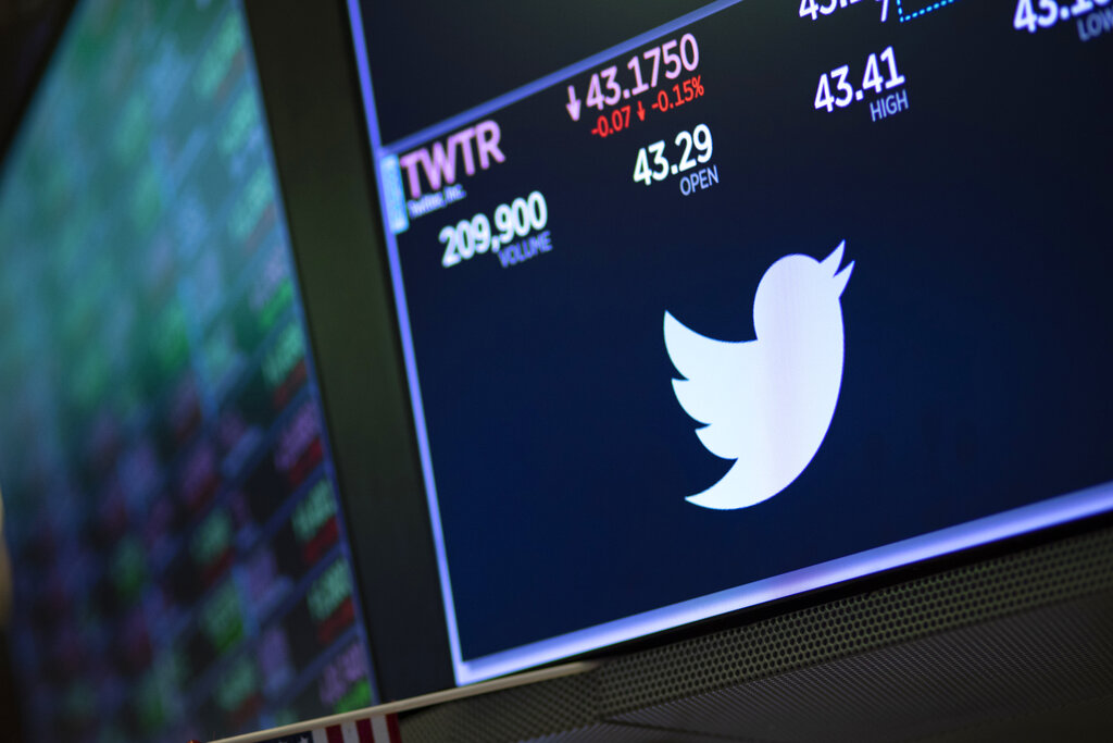 FILE - In this Sept. 18, 2019, file photo a screen shows the price of Twitter stock at the New York Stock Exchange. Twitter will report earnings after markets close, Tuesday, Oct. 26, 2021. (AP Photo/Mark Lennihan, File)
