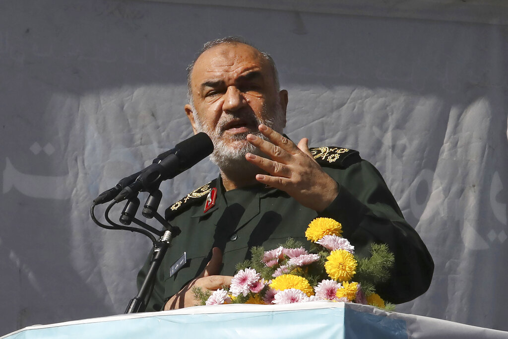 Iran's paramilitary Revolutionary Guard commander Gen. Hossein Salami addresses the crowd During a rally in front of the former U.S. Embassy commemorating the anniversary of its 1979 seizure in Tehran, Iran, Thursday, Nov. 4, 2021. The embassy takeover triggered a 444-day hostage crisis and break in diplomatic relations that continues to this day. (AP Photo/Vahid Salemi)