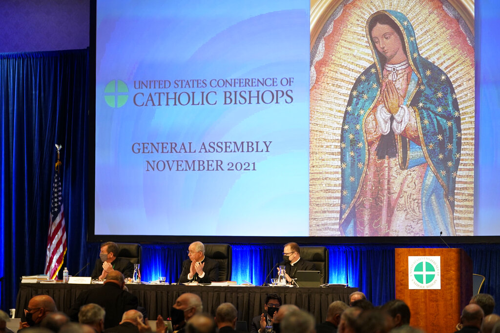The United States Conference of Catholic Bishops holds its Fall General Assembly meeting, Tuesday, Nov. 16, 2021, in Baltimore.(AP Photo/Julio Cortez)