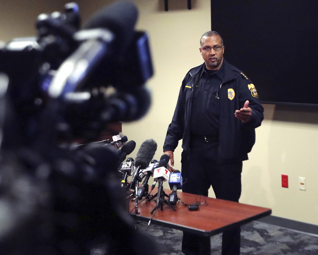 Waukesha, Wis. police chief Daniel Thompson addresses the media after an SUV drove into a parade of Christmas marchers in the city Sunday, Nov. 21, 2021. (John Hart/Wisconsin State Journal via AP)