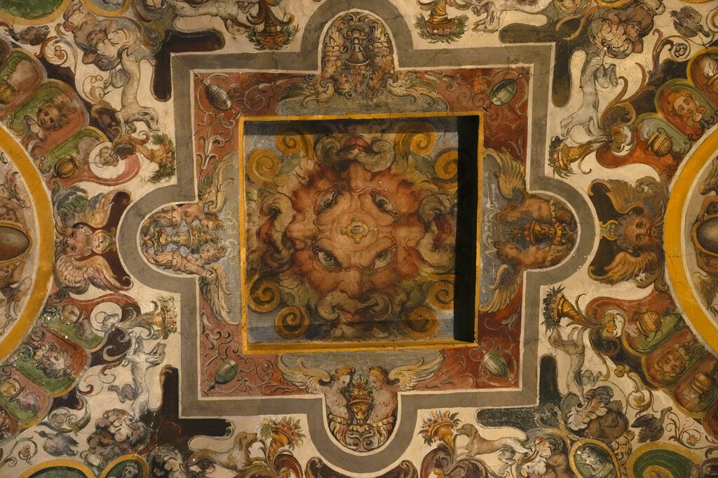 A detail of a fresco inside The Casino dell’Aurora, also known as Villa Ludovisi in Rome, Tuesday, Nov. 30, 2021. The villa in the heart of Rome that features the only known ceiling painted by Caravaggio is being put up for auction by court order after the home was restored by its last occupants: a Texas-born princess and her late husband, a member of one of Rome’s aristocratic families. (AP Photo/Gregorio Borgia)