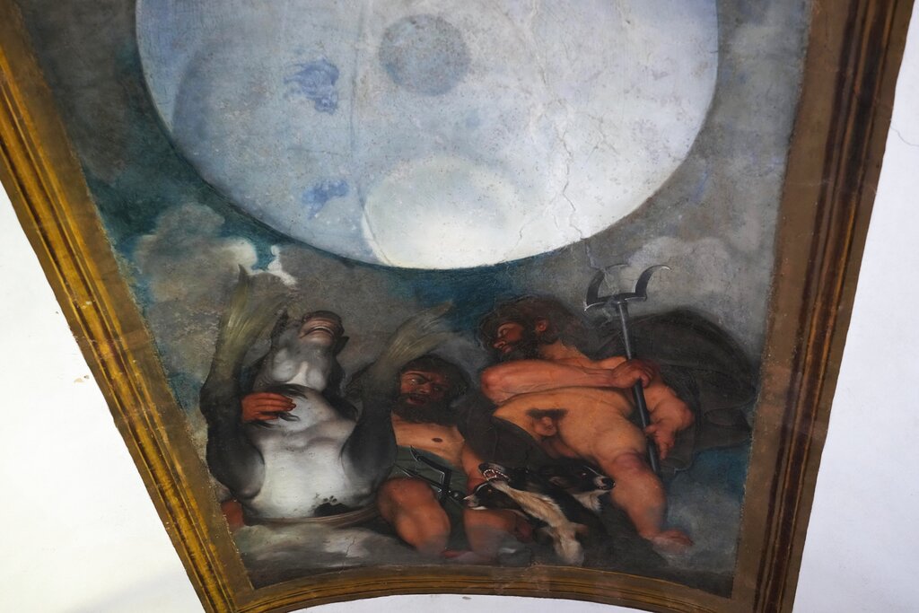 A wall painting by Caravaggio inside The Casino dell’Aurora, also known as Villa Ludovisi, in Rome, Tuesday, Nov. 30, 2021. The villa in the heart of Rome that features the only known ceiling painted by Caravaggio is being put up for auction by court order after the home was restored by its last occupants: a Texas-born princess and her late husband, a member of one of Rome’s aristocratic families. (AP Photo/Gregorio Borgia)