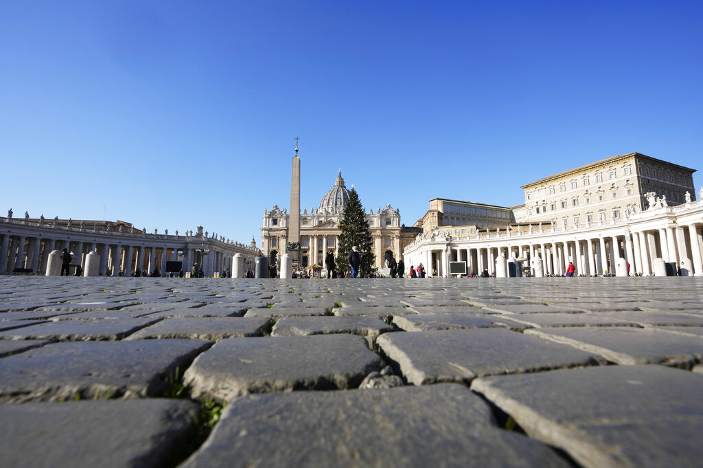A view of St. Peter's Square and Basilica, at the Vatican, Friday, Dec. 17, 2021. Pope Francis is celebrating his 85th birthday Friday, a milestone made even more remarkable given the coronavirus pandemic, his summertime intestinal surgery and the weight of history: His predecessor retired at this age and the last pope to have lived any longer was Leo XIII over a century ago. (AP Photo/Andrew Medichini)