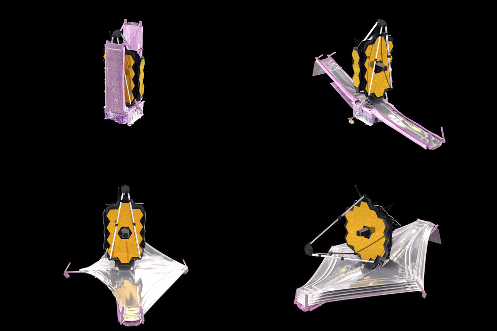 This combination of images from an animation made availalbe by NASA in December 2021 shows the unfolding of the components of the James Webb Space Telescope. Webb is so big that it had to be folded origami-style to fit into the nose cone of the Ariane rocket. (NASA/Goddard Space Flight Center Conceptual Image Lab via AP)