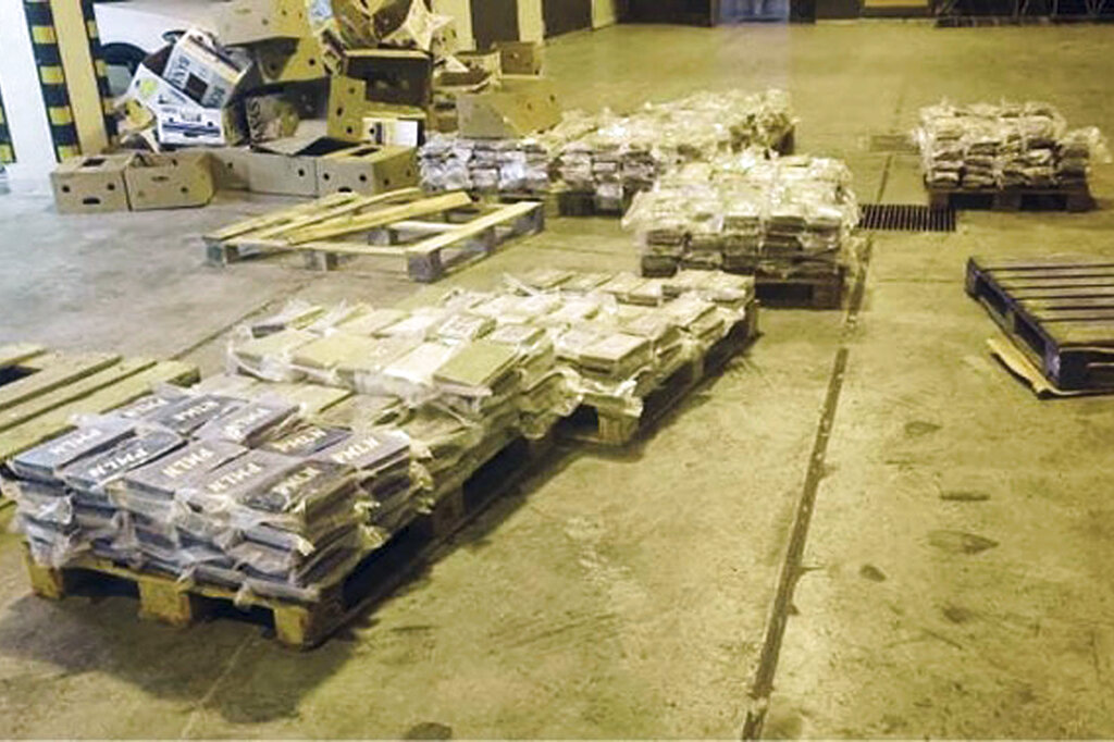 Packets containing cocaine which was hidden in boxes of bananas are seen at Malta Freeport, an international transshipment hub on Malta’s southeastern tip, after it was seized by Customs Malta, late Tuesday, June 8, 2021. The customs department in Malta intercepted 740 kilograms (1,630 pounds) of cocaine Tuesday in a record-breaking drug seizure for the Mediterranean island nation, officials said. (Customs Malta via AP)