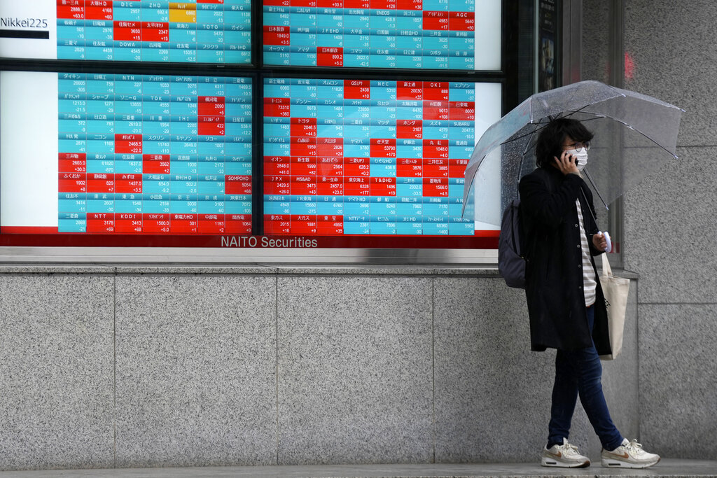 A man wearing a protective mask stands in front of an electronic stock board showing Japan's Nikkei 225 index at a securities firm Tuesday, Dec. 14, 2021, in Tokyo. Stocks were mostly lower in Asia on Tuesday after Wall Street retreated from recent record levels on weakness in technology shares. (AP Photo/Eugene Hoshiko)