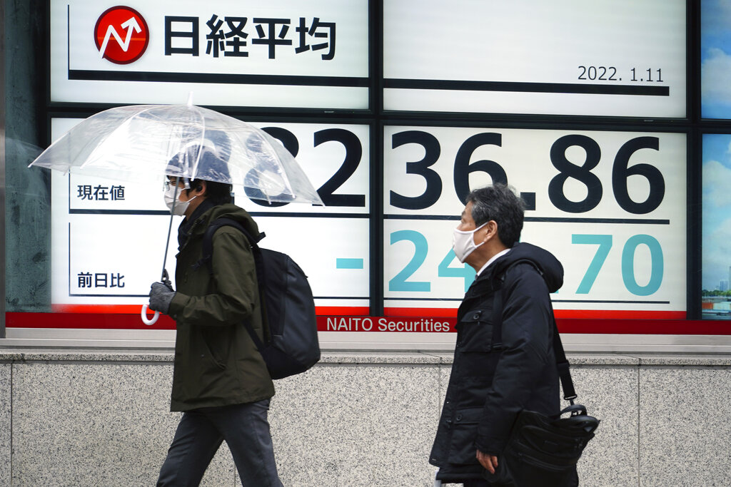 People wearing protective masks walk in front of an electronic stock board showing Japan's Nikkei 225 index at a securities firm Tuesday, Jan. 11, 2022, in Tokyo. Asian shares sank in cautious trading Tuesday following a decline on Wall Street amid continuing worries about the omicron coronavirus variant, especially rising cases in China. (AP Photo/Eugene Hoshiko)
