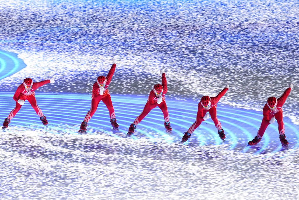 Dancers perform during the opening ceremony of the 2022 Winter Olympics, Friday, Feb. 4, 2022, in Beijing. (AP Photo/Bernat Armangue)