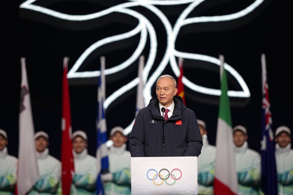 Cai Qi, President of the Beijing Organizing Committee for the 2022 Olympic and Paralympic Winter Games speaks during the opening ceremony of the 2022 Winter Olympics, Friday, Feb. 4, 2022, in Beijing. (AP Photo/David J. Phillip)