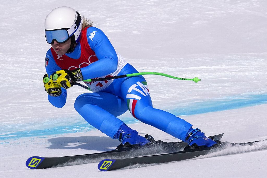 Francesca Marsaglia, of Italy makes a turn during the women's super-G at the 2022 Winter Olympics, Friday, Feb. 11, 2022, in the Yanqing district of Beijing. (AP Photo/Robert F. Bukaty)