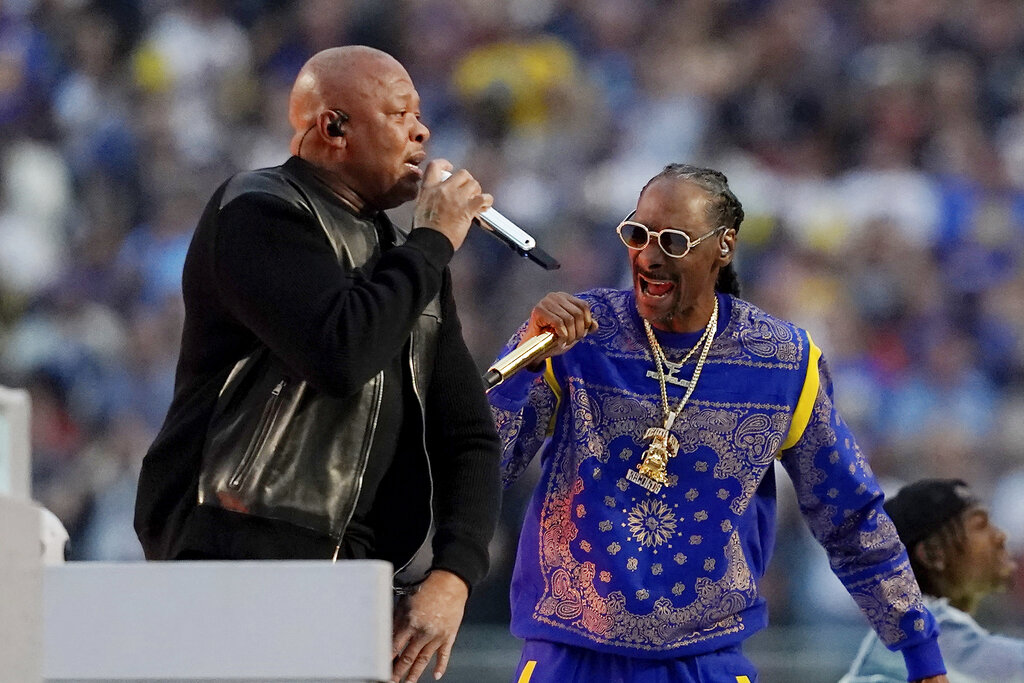 Dr. Dre, left, and Snoop Dogg perform during the halftime show at the NFL Super Bowl 56 football game Sunday, Feb. 13, 2022, in Inglewood, Calif. (AP Photo/Steve Luciano)